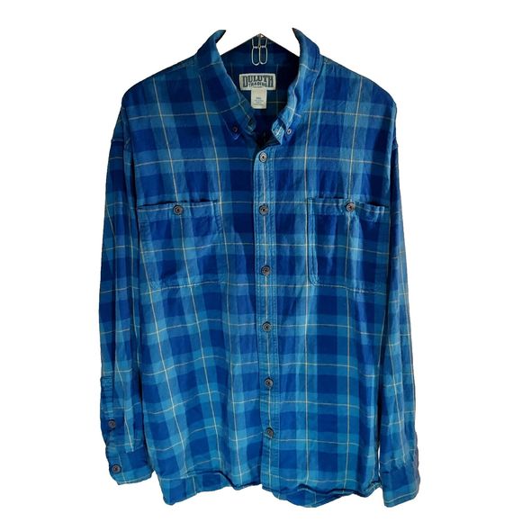 Duluth Trading Mens 2XL Free Swingin Relaxed Fit Flannel Shirt Blue Yellow Plaid - Picture 1 of 16